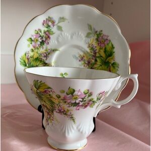 Royal Albert Bone China Teacup and Saucer with Green Foliage and Dainty Flowers